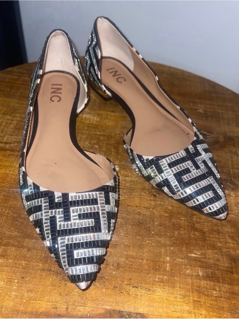 INC International Concepts Black and Silver Beaded Pointed Flats